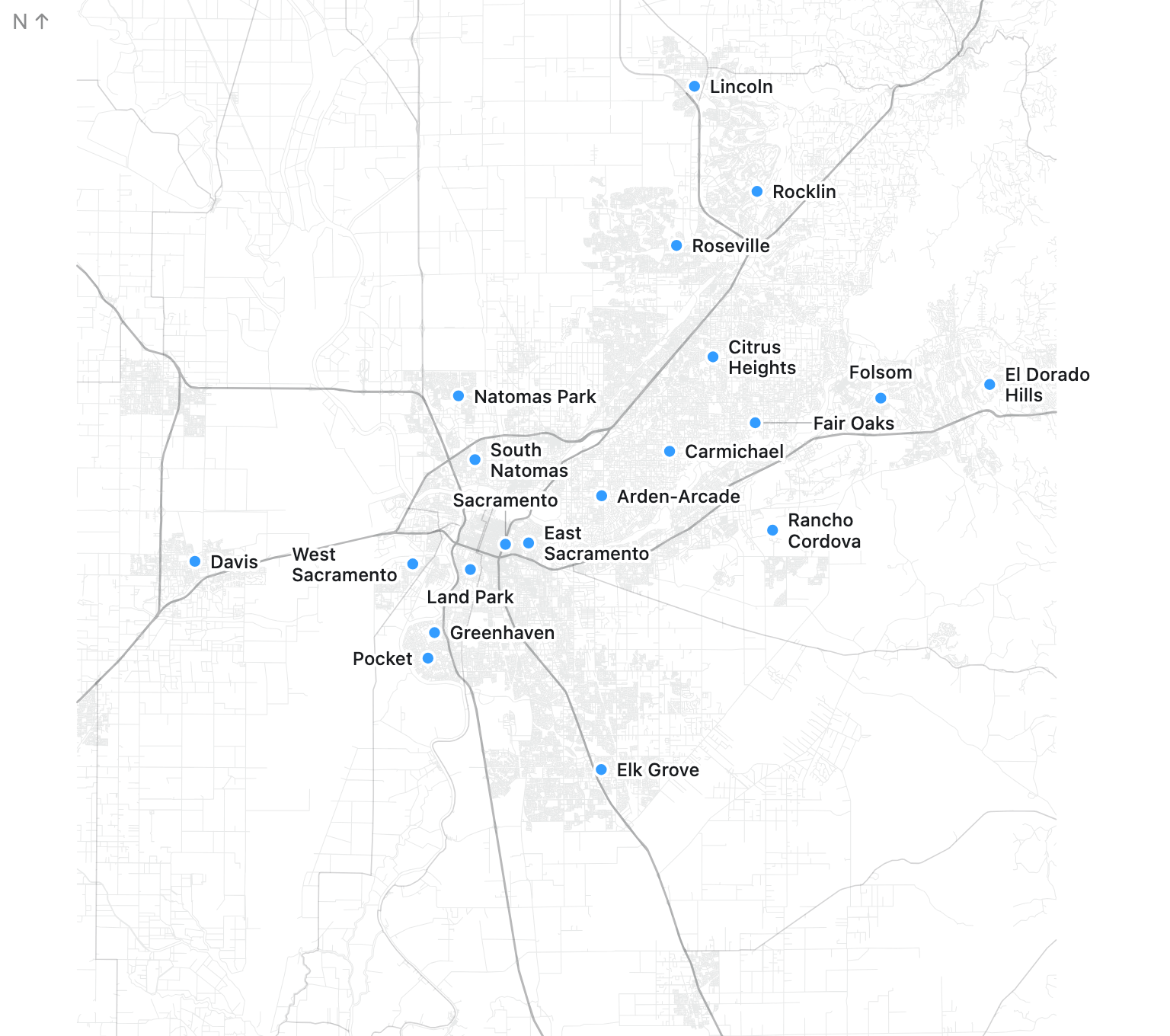 Greater Sacramento service map. Blue markers show the cities and neighborhoods listed below.